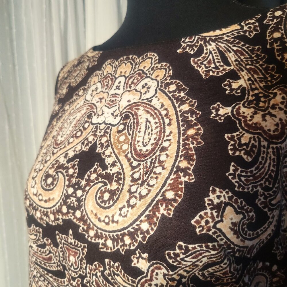 WISP Women's 70s Retro Style Deep Brown/Cream Designed Dress - Size 4 - Picture 3 of 11